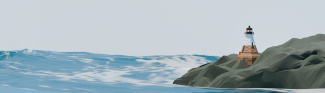 Rendered Light house on top of rocks near ocean shore.